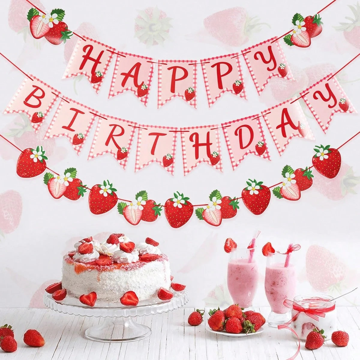 Strawberry Plaid Birthday Banner Cute Pink Letter Party Banner Summer Fruit Hanging Decoration Children Baby Girl Birthday Celebration Party Decor