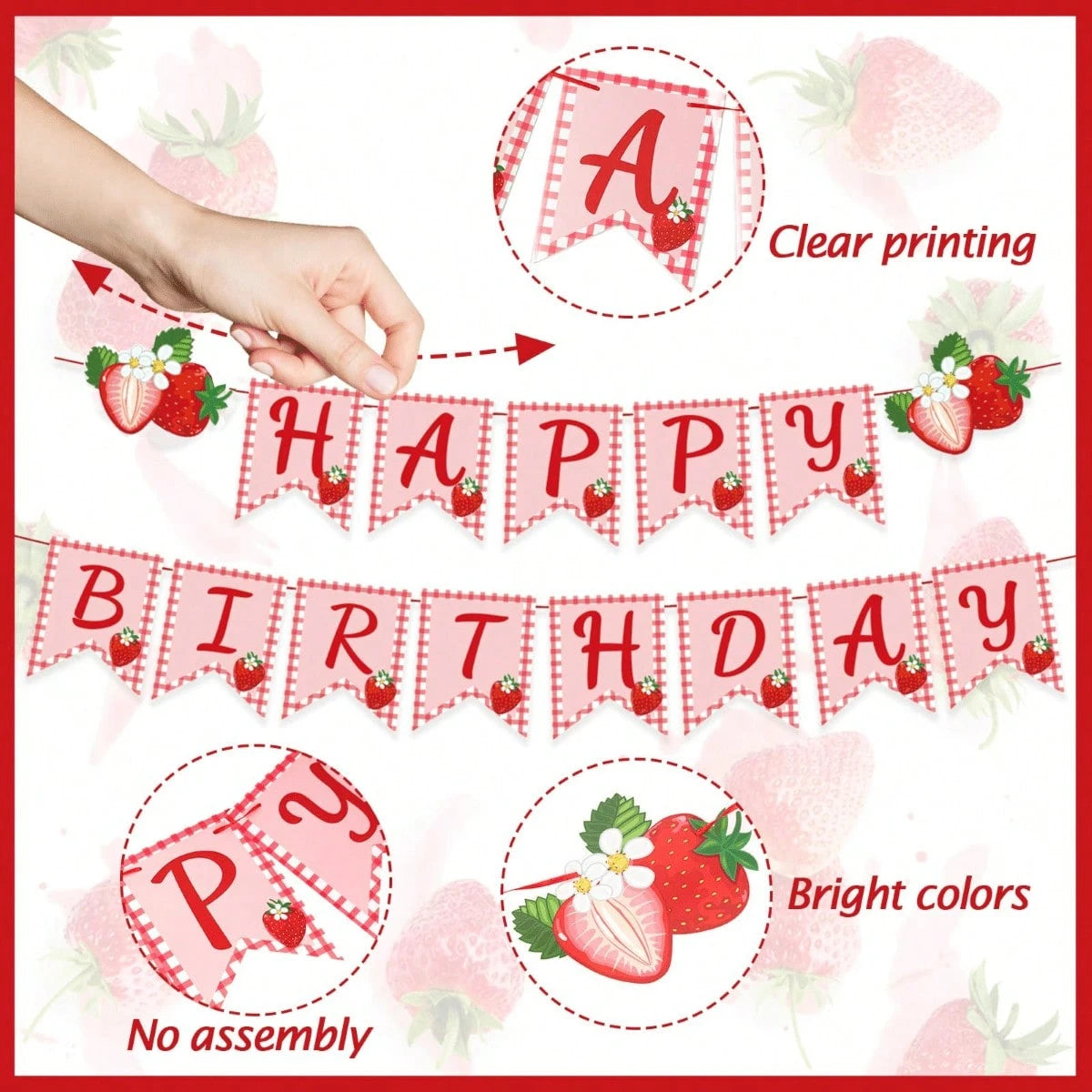 Strawberry Plaid Birthday Banner Cute Pink Letter Party Banner Summer Fruit Hanging Decoration Children Baby Girl Birthday Celebration Party Decor