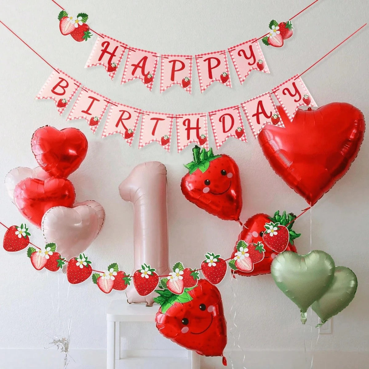 Strawberry Plaid Birthday Banner Cute Pink Letter Party Banner Summer Fruit Hanging Decoration Children Baby Girl Birthday Celebration Party Decor