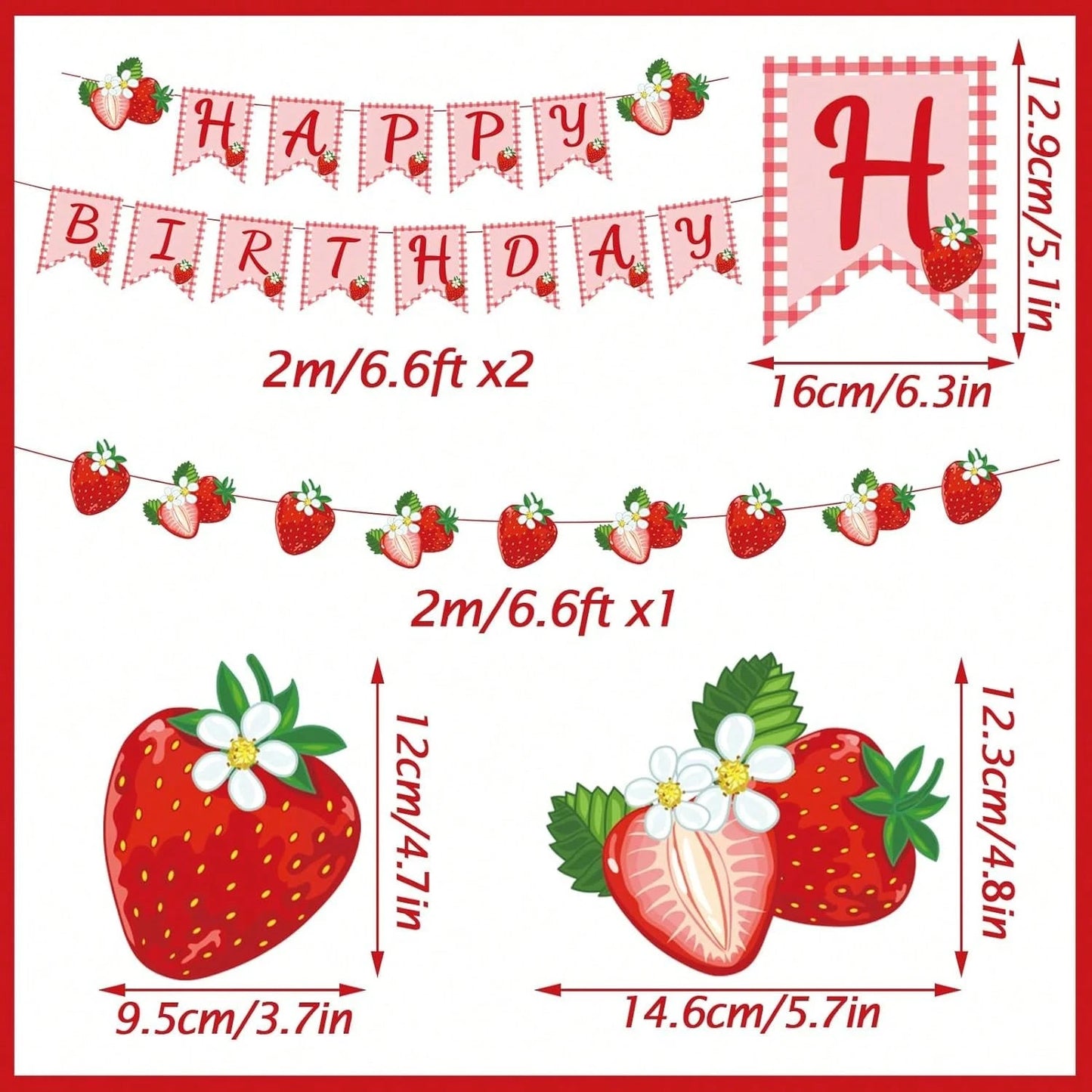 Strawberry Plaid Birthday Banner Cute Pink Letter Party Banner Summer Fruit Hanging Decoration Children Baby Girl Birthday Celebration Party Decor
