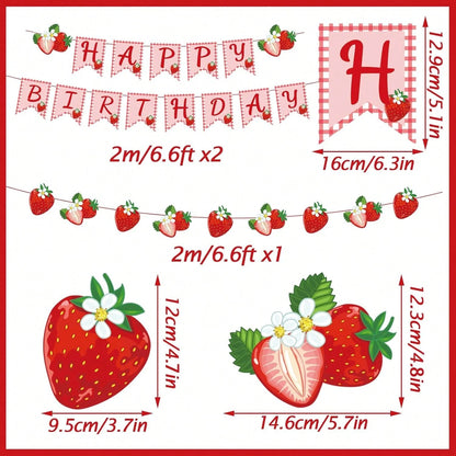 Strawberry Plaid Birthday Banner Cute Pink Letter Party Banner Summer Fruit Hanging Decoration Children Baby Girl Birthday Celebration Party Decor