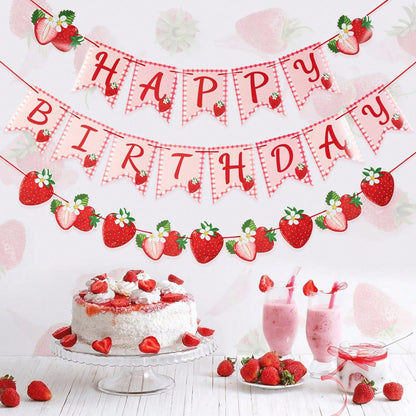 Strawberry Plaid Birthday Banner Cute Pink Letter Party Banner Summer Fruit Hanging Decoration Children Baby Girl Birthday Celebration Party Decor