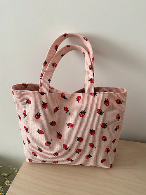Strawberry Print Tote Bag, Cute Style Tote Bag, Fashion Large Capacity Versatile Shoulder Bag For Women, Corduroy, Kawaii, Beach, Canvas Bag,Pink Bag