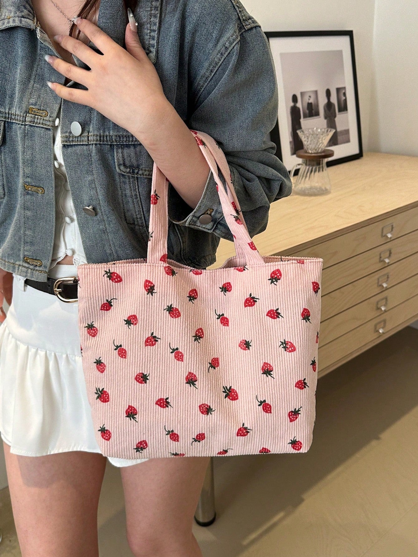 Strawberry Print Tote Bag, Cute Style Tote Bag, Fashion Large Capacity Versatile Shoulder Bag For Women, Corduroy, Kawaii, Beach, Canvas Bag,Pink Bag