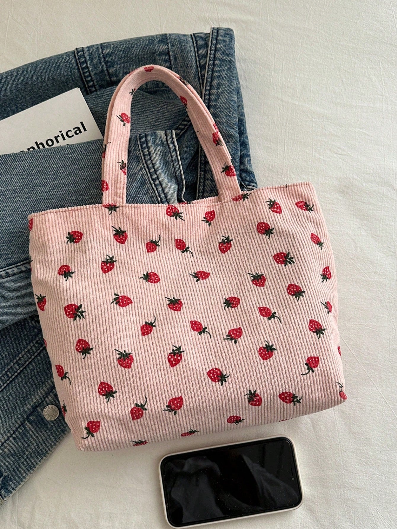 Strawberry Print Tote Bag, Cute Style Tote Bag, Fashion Large Capacity Versatile Shoulder Bag For Women, Corduroy, Kawaii, Beach, Canvas Bag,Pink Bag