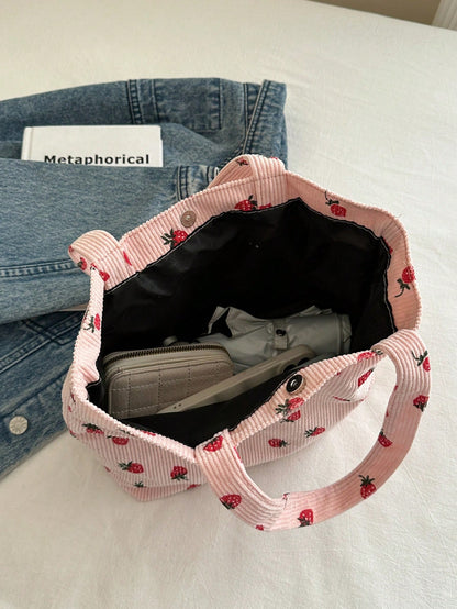 Strawberry Print Tote Bag, Cute Style Tote Bag, Fashion Large Capacity Versatile Shoulder Bag For Women, Corduroy, Kawaii, Beach, Canvas Bag,Pink Bag