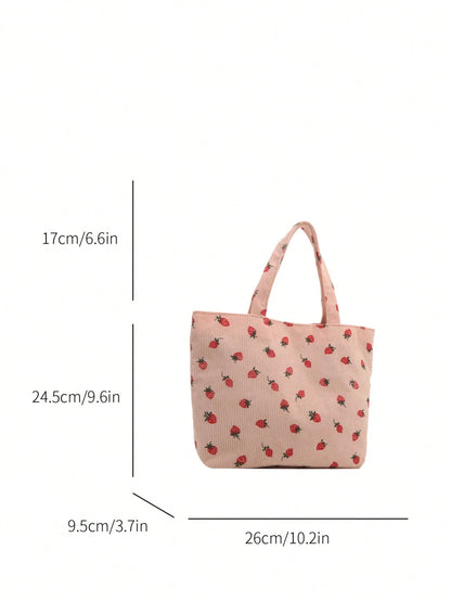 Strawberry Print Tote Bag, Cute Style Tote Bag, Fashion Large Capacity Versatile Shoulder Bag For Women, Corduroy, Kawaii, Beach, Canvas Bag,Pink Bag