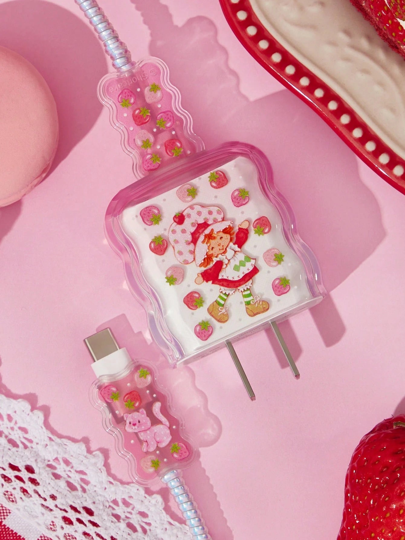 Strawberry Shortcake X Strawberry, Flower, Cat Pattern Printed Gradient Charging Head Protective Cover, Compatible With Apple Charging Head(No Data Cable Included),Gift Ideas,Summer/ Spring,Be
