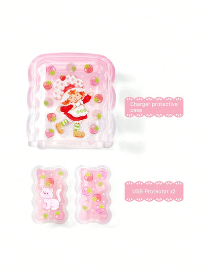 Strawberry Shortcake X Strawberry, Flower, Cat Pattern Printed Gradient Charging Head Protective Cover, Compatible With Apple Charging Head(No Data Cable Included),Gift Ideas,Summer/ Spring,Be