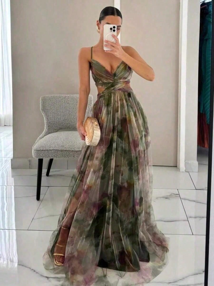 Summer Dresses For Women Spaghetti Strap V Neck Cutout Waist Watercolor Print Tulle Flowy Maxi Dress Elegant For Party Vacation Wedding Guest