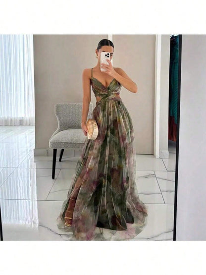 Summer Dresses For Women Spaghetti Strap V Neck Cutout Waist Watercolor Print Tulle Flowy Maxi Dress Elegant For Party Vacation Wedding Guest