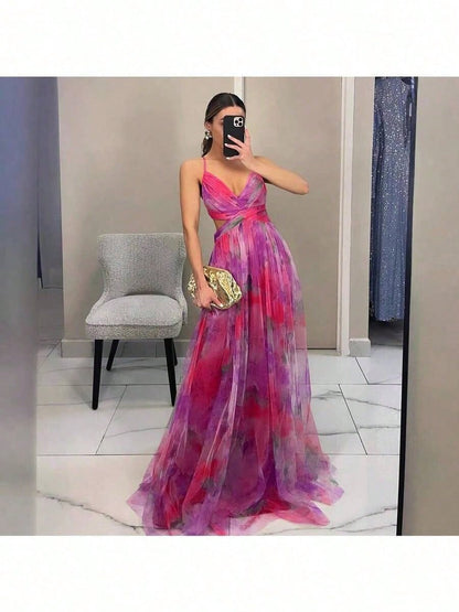 Summer Dresses For Women Spaghetti Strap V Neck Cutout Waist Watercolor Print Tulle Flowy Maxi Dress Elegant For Party Vacation Wedding Guest