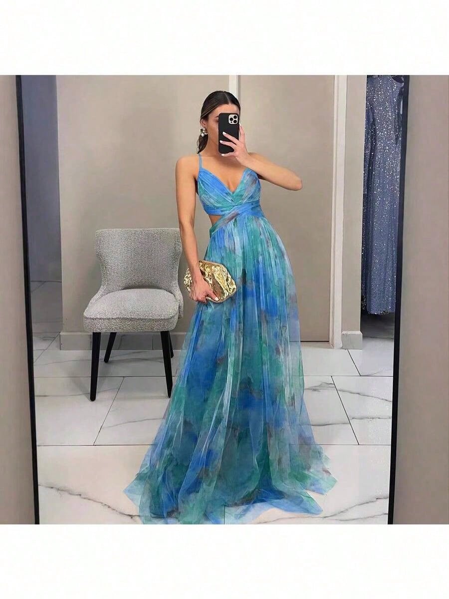 Summer Dresses For Women Spaghetti Strap V Neck Cutout Waist Watercolor Print Tulle Flowy Maxi Dress Elegant For Party Vacation Wedding Guest