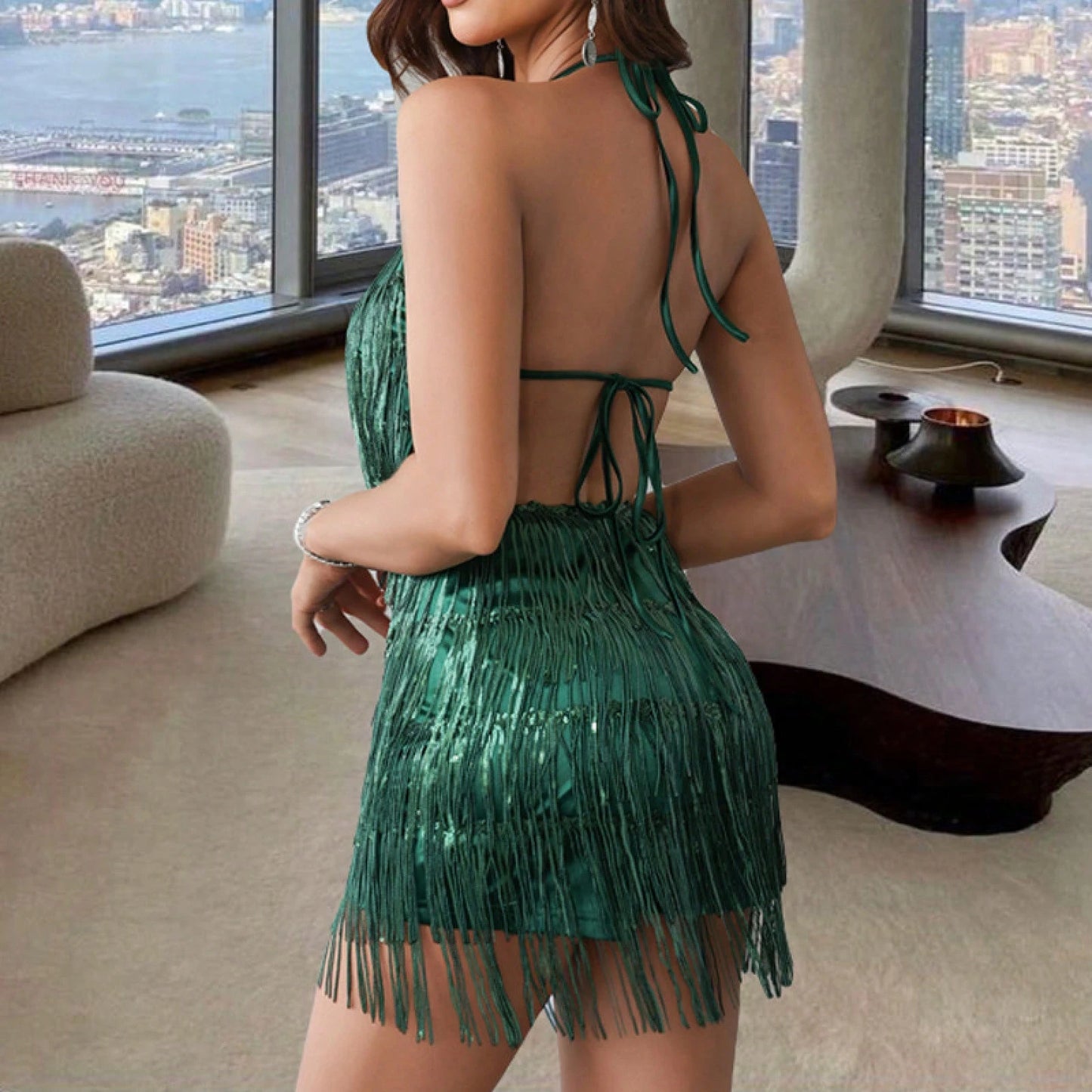 Summer Dresses For WomenHalter Backless Sequin Fringe Romper, Sexy Sleeveless Layered Tassel Short Jumpsuit, Nightclub Party Performadresses For Wome