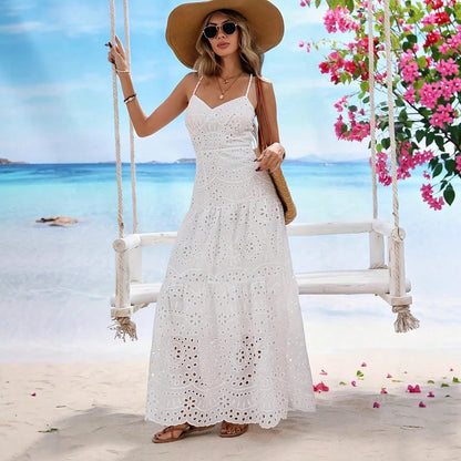 Summer Dresses For WomenWhite Eyelet Embroidered Spaghetti Strap Maxi Dress, High Waist Tiered Elegant Flowy Beach Vacation Summer Drdresses For Wome