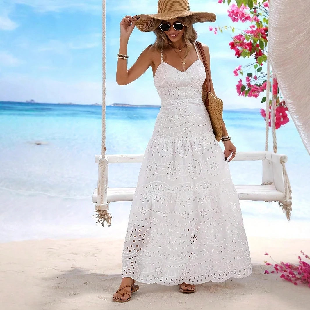 Summer Dresses For WomenWhite Eyelet Embroidered Spaghetti Strap Maxi Dress, High Waist Tiered Elegant Flowy Beach Vacation Summer Drdresses For Wome