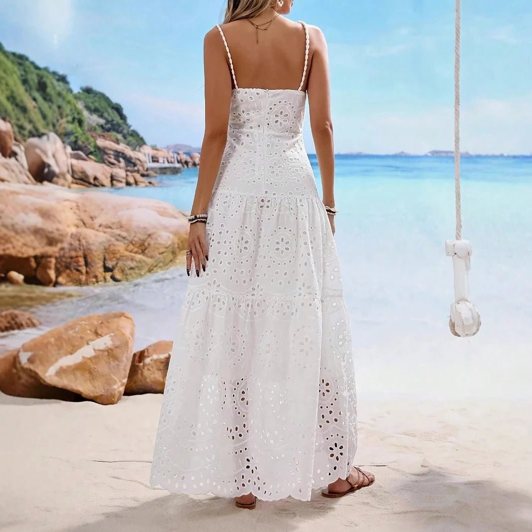 Summer Dresses For WomenWhite Eyelet Embroidered Spaghetti Strap Maxi Dress, High Waist Tiered Elegant Flowy Beach Vacation Summer Drdresses For Wome