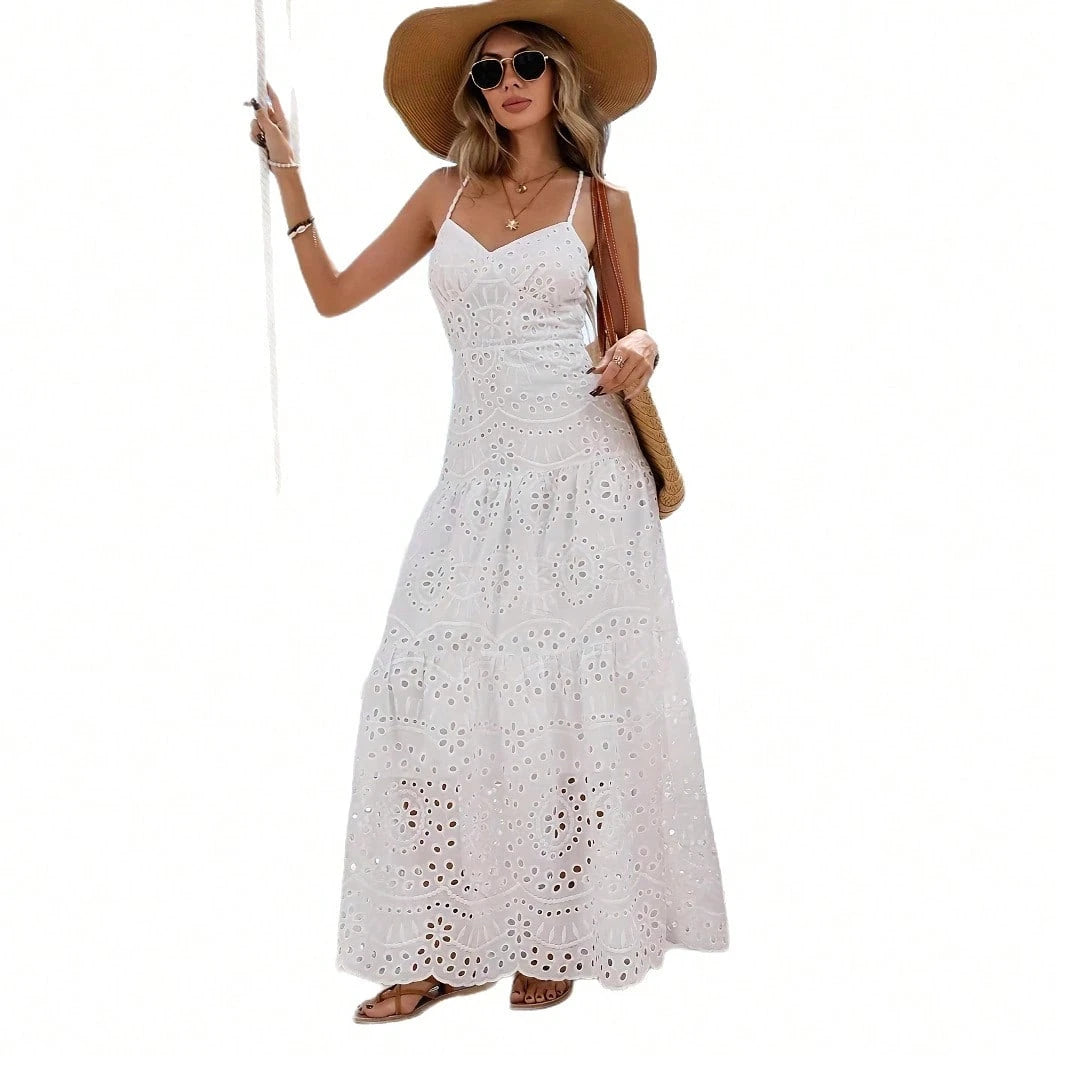 Summer Dresses For WomenWhite Eyelet Embroidered Spaghetti Strap Maxi Dress, High Waist Tiered Elegant Flowy Beach Vacation Summer Drdresses For Wome