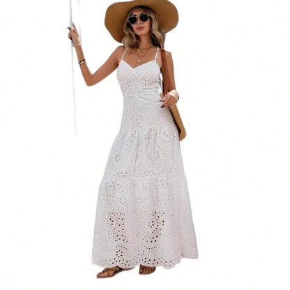 Summer Dresses For WomenWhite Eyelet Embroidered Spaghetti Strap Maxi Dress, High Waist Tiered Elegant Flowy Beach Vacation Summer Drdresses For Wome