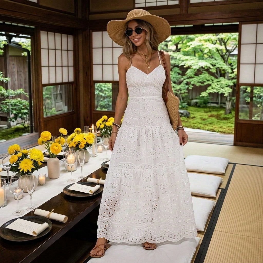 Summer Dresses For WomenWhite Eyelet Embroidered Spaghetti Strap Maxi Dress, High Waist Tiered Elegant Flowy Beach Vacation Summer Drdresses For Wome