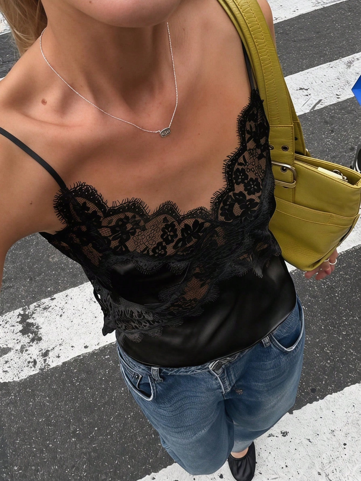 Summer Sexy Lace Patchwork Satin Design Camisole, Casual Loose Fit Sleeveless Top For Layering Black