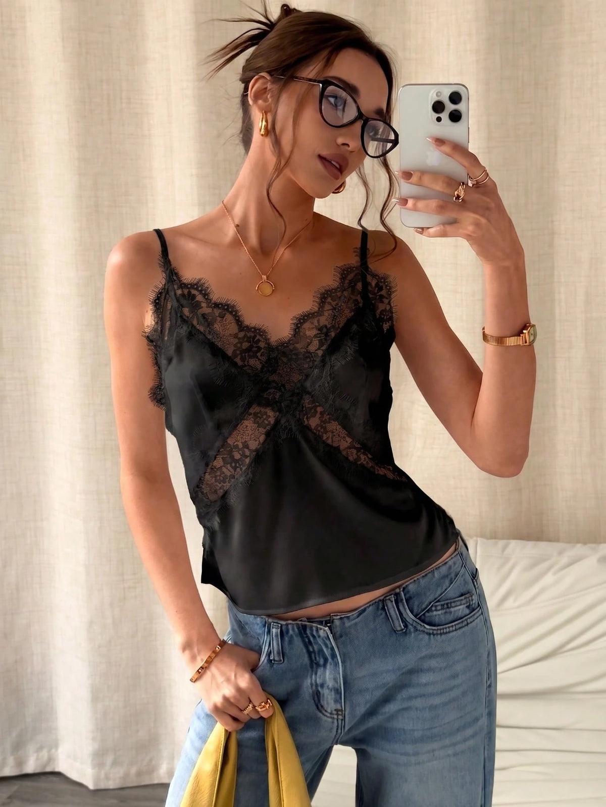 Summer Sexy Lace Patchwork Satin Design Camisole, Casual Loose Fit Sleeveless Top For Layering Black