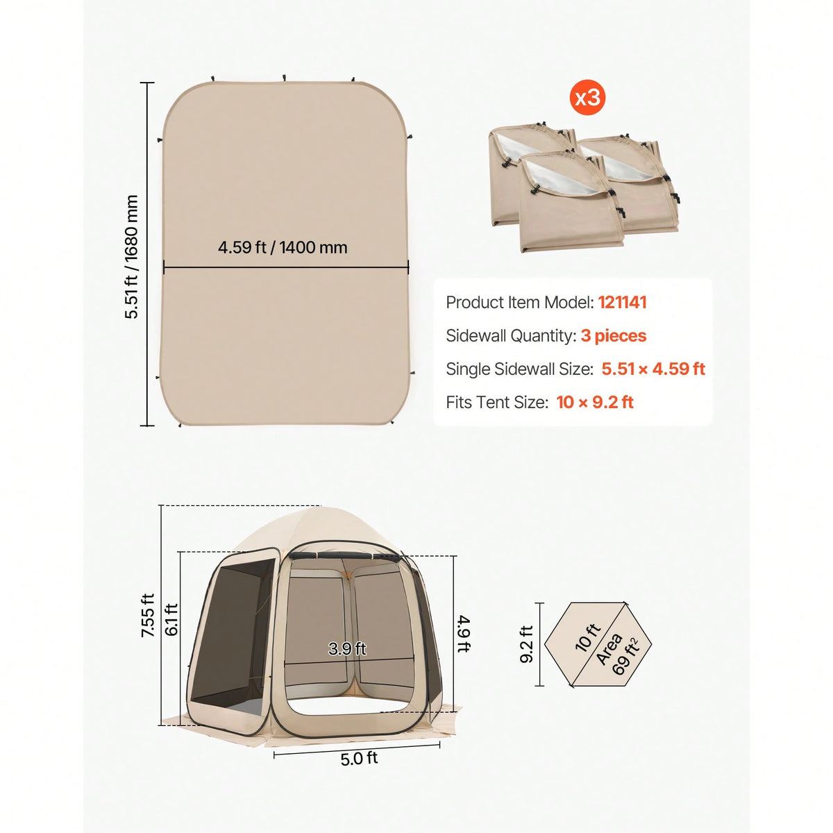 Sun Shade Sail Canopy Covers, Fit For 10 X 9.2 Ft Screen House Tent, Sun Protection, 5.51 X 4.23 Ft 300D Oxford Silver-Coated Fabric, Pack Of 3 (Not Include Tent), For Outdoor Activities, Beige