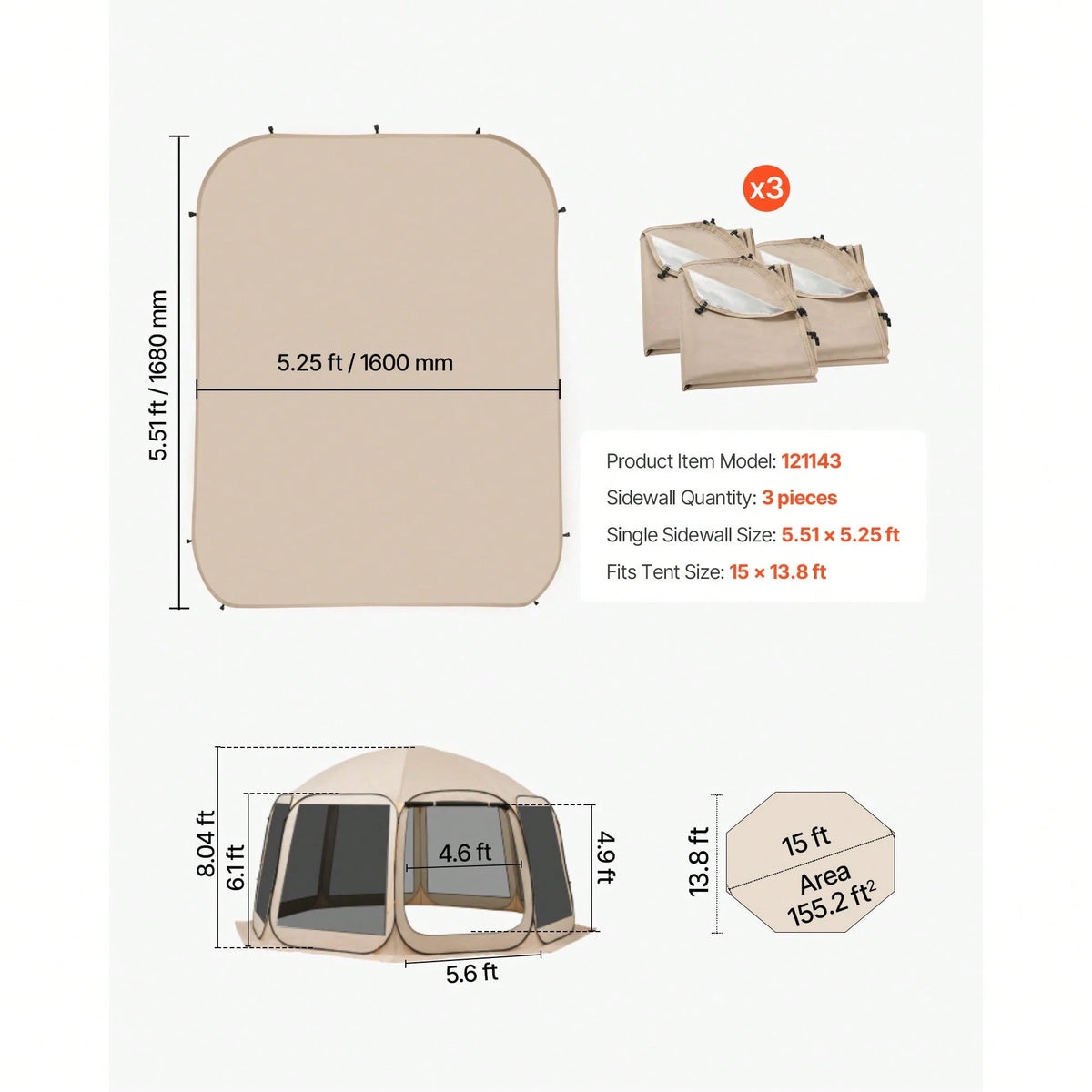 Sun Shade Sail Canopy Covers, Fit For 15 X 13.8 Ft Screen House Tent, Sun Protection, 5.51 X 5.25 Ft 300D Oxford Silver-Coated Fabric, Pack Of 3 (Not Include Tent), For Outdoor Activities, Beige