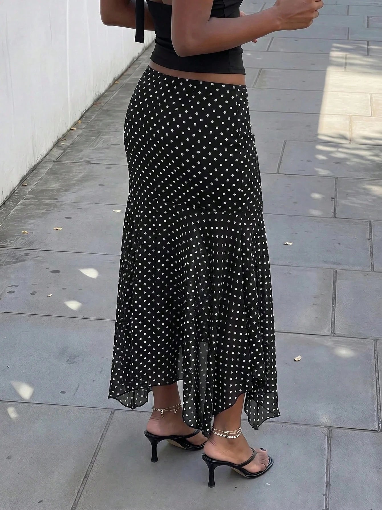 Sunnyshic Black And White Polka Dot Summer Elegant Skirt For Women,Asymmetric Ruffle Hem A-Line Skirts For Brunch,Vacation,Beach,Daily Outing,Sweet And Cute