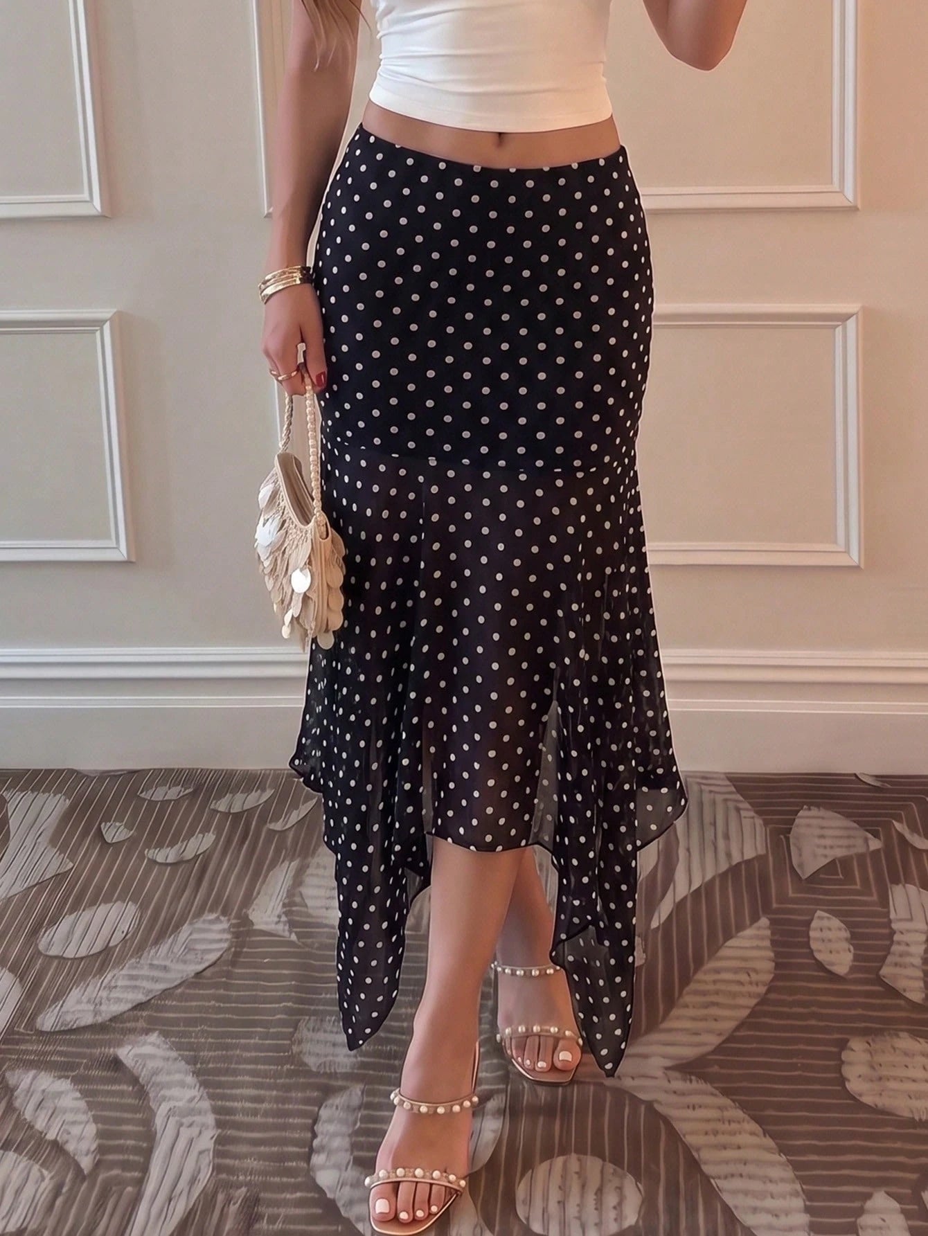 Sunnyshic Black And White Polka Dot Summer Elegant Skirt For Women,Asymmetric Ruffle Hem A-Line Skirts For Brunch,Vacation,Beach,Daily Outing,Sweet And Cute