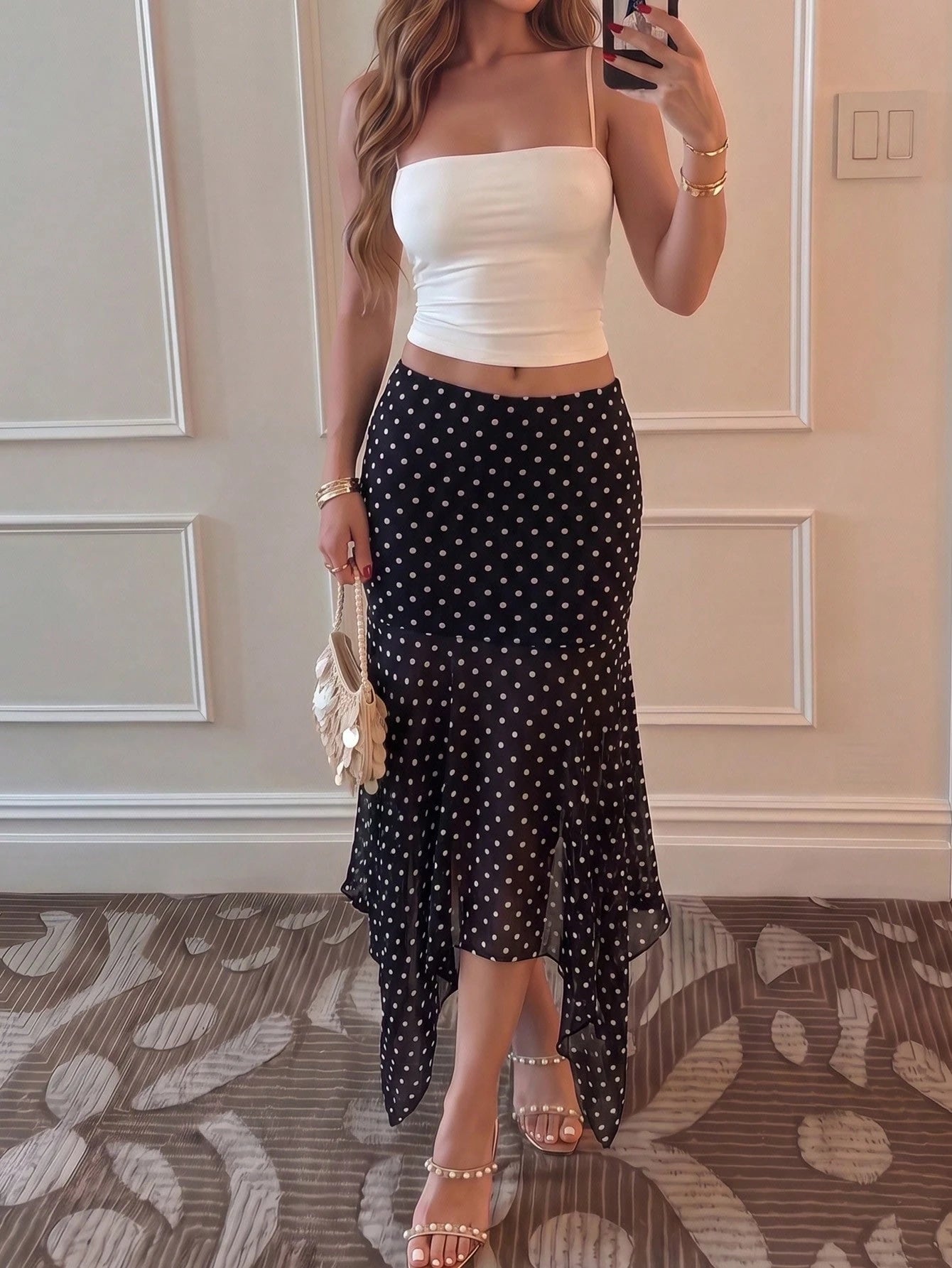 Sunnyshic Black And White Polka Dot Summer Elegant Skirt For Women,Asymmetric Ruffle Hem A-Line Skirts For Brunch,Vacation,Beach,Daily Outing,Sweet And Cute