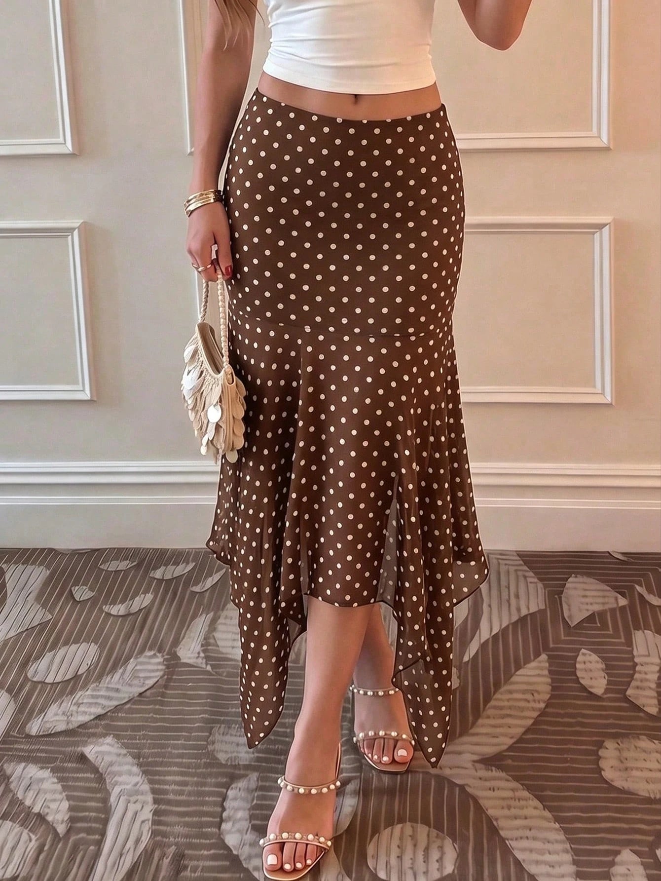 Sunnyshic Black And White Polka Dot Summer Elegant Skirt For Women,Asymmetric Ruffle Hem A-Line Skirts For Brunch,Vacation,Beach,Daily Outing,Sweet And Cute