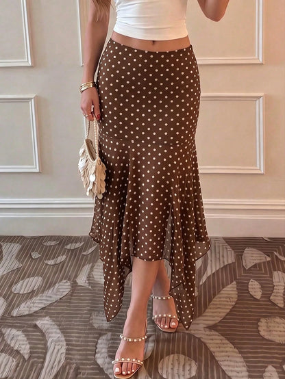 Sunnyshic Black And White Polka Dot Summer Elegant Skirt For Women,Asymmetric Ruffle Hem A-Line Skirts For Brunch,Vacation,Beach,Daily Outing,Sweet And Cute