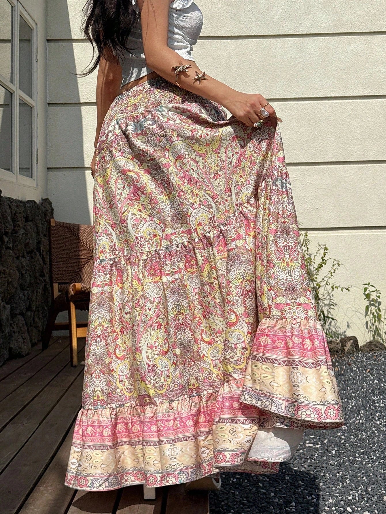 Sunnyshic Paisley Print Low Waist Ruffled Hem Patchwork Skirt, Bohemian Elegant Beach Holiday Casual Wear For Women, Summer