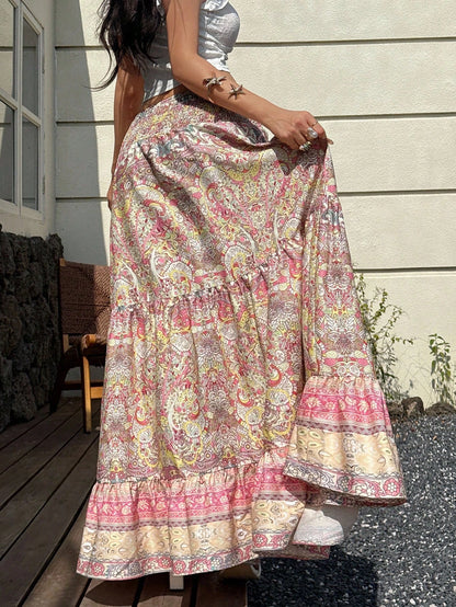 Sunnyshic Paisley Print Low Waist Ruffled Hem Patchwork Skirt, Bohemian Elegant Beach Holiday Casual Wear For Women, Summer