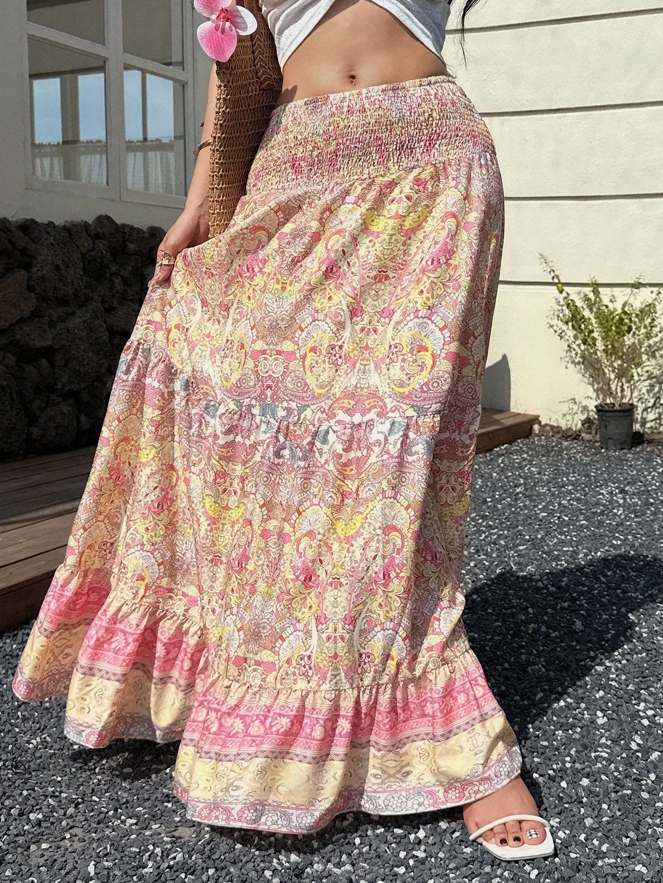 Sunnyshic Paisley Print Low Waist Ruffled Hem Patchwork Skirt, Bohemian Elegant Beach Holiday Casual Wear For Women, Summer