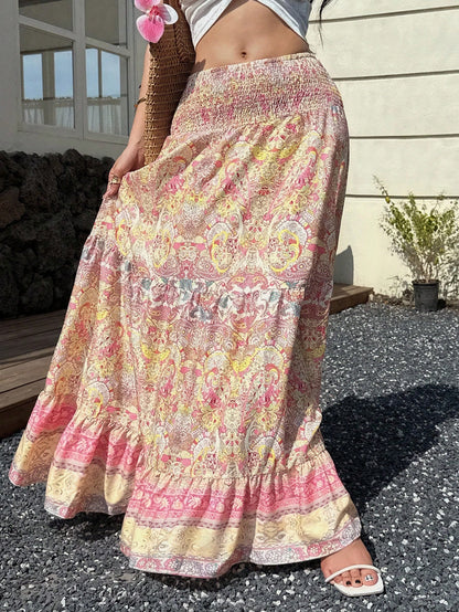 Sunnyshic Paisley Print Low Waist Ruffled Hem Patchwork Skirt, Bohemian Elegant Beach Holiday Casual Wear For Women, Summer