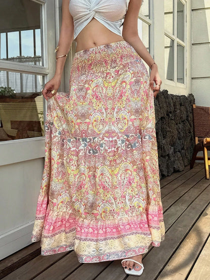 Sunnyshic Paisley Print Low Waist Ruffled Hem Patchwork Skirt, Bohemian Elegant Beach Holiday Casual Wear For Women, Summer