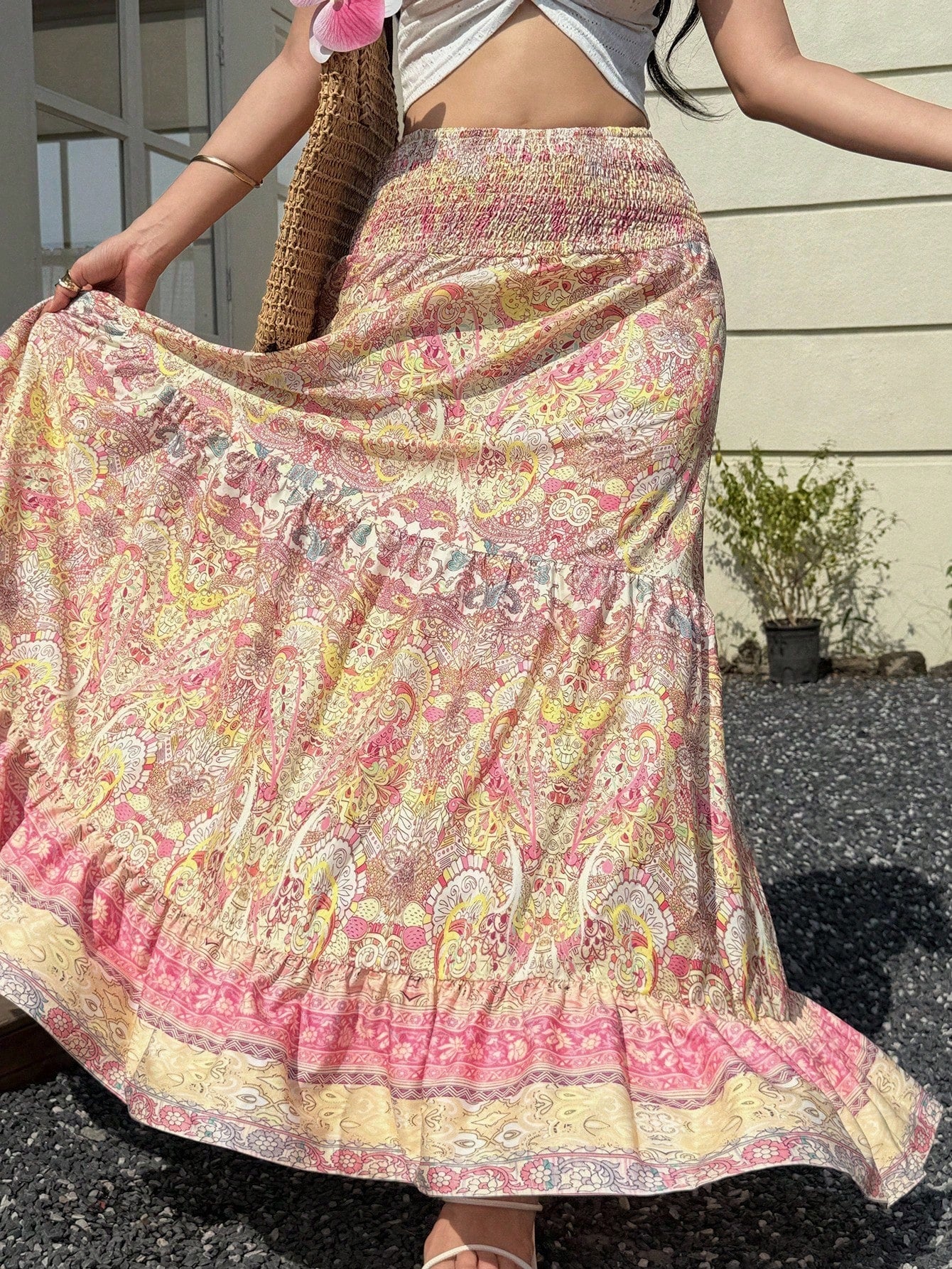 Sunnyshic Paisley Print Low Waist Ruffled Hem Patchwork Skirt, Bohemian Elegant Beach Holiday Casual Wear For Women, Summer
