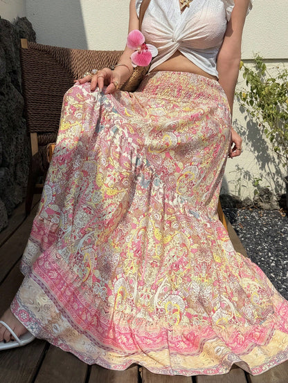 Sunnyshic Paisley Print Low Waist Ruffled Hem Patchwork Skirt, Bohemian Elegant Beach Holiday Casual Wear For Women, Summer