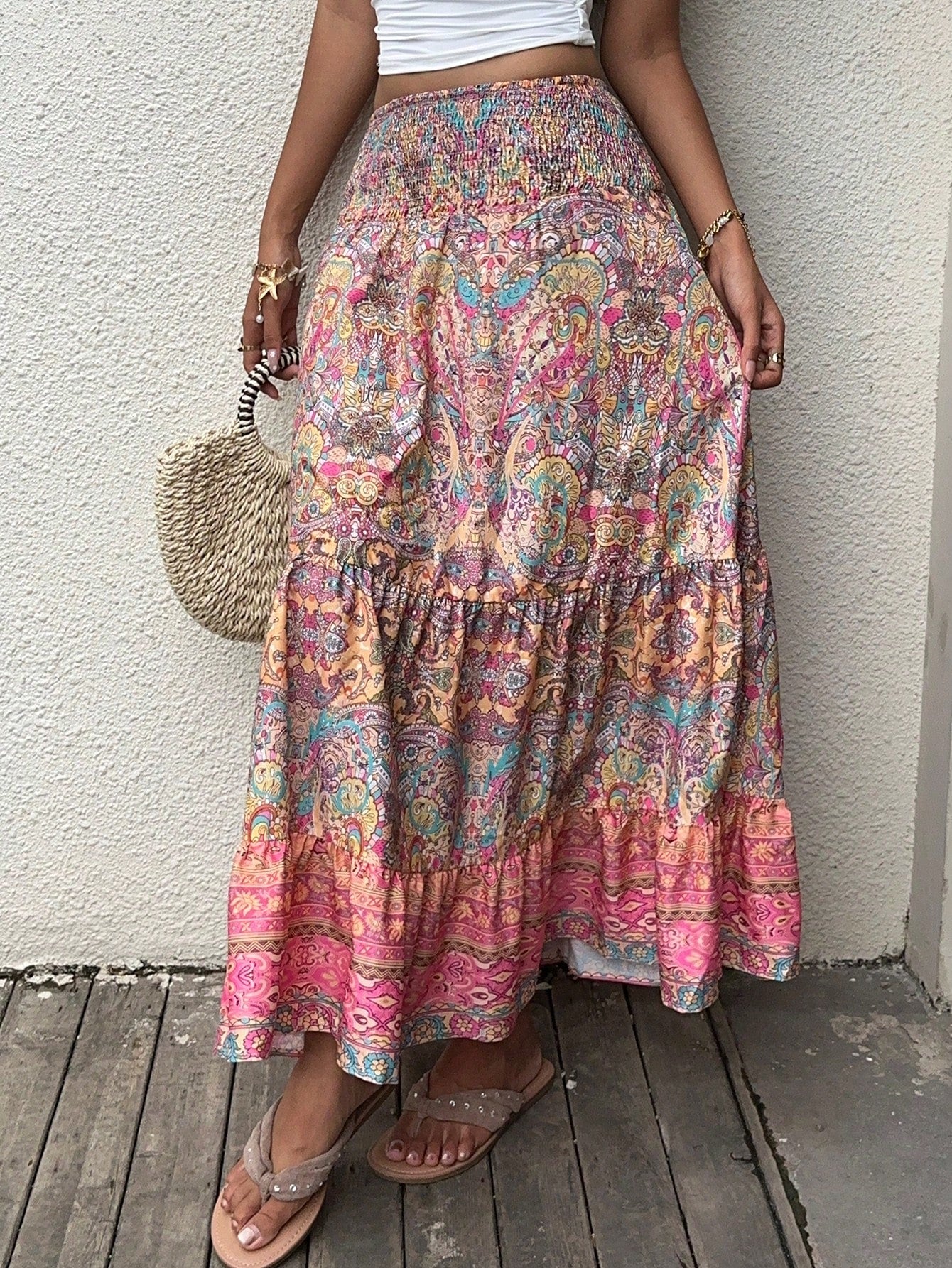 Sunnyshic Paisley Print Low Waist Ruffled Hem Patchwork Skirt, Bohemian Elegant Beach Holiday Casual Wear For Women, Summer