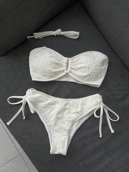 Sunnyshic Women's Casual Vacation Beach Party Elegant Spaghetti Strap Special Fabric Solid Color Bikini 2-Piece Swimsuit New Summer