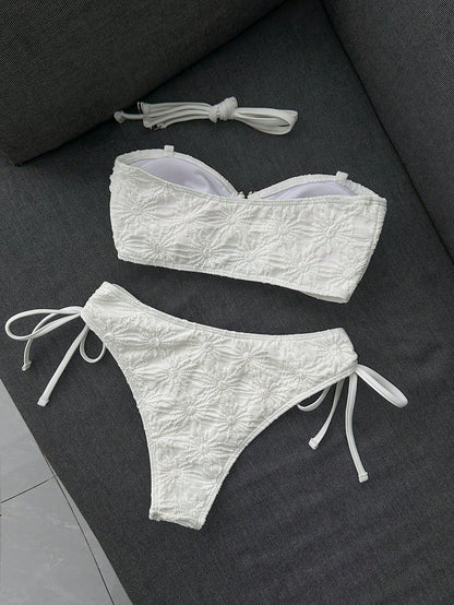 Sunnyshic Women's Casual Vacation Beach Party Elegant Spaghetti Strap Special Fabric Solid Color Bikini 2-Piece Swimsuit New Summer