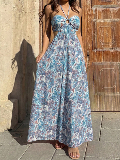 Sunnyshic Women's Peach Red Paisley Print Strapless Backless Tie Waist Bodycon Dress, Sexy European And American Beach Vacation Style