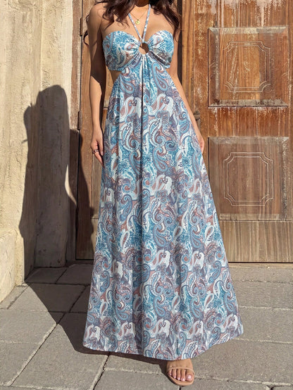 Sunnyshic Women's Peach Red Paisley Print Strapless Backless Tie Waist Bodycon Dress, Sexy European And American Beach Vacation Style