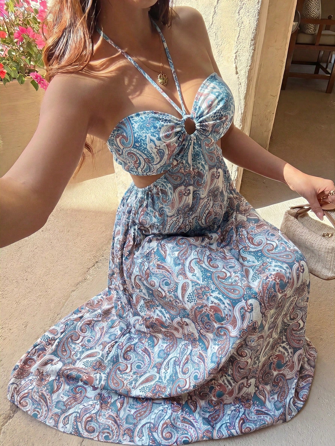 Sunnyshic Women's Peach Red Paisley Print Strapless Backless Tie Waist Bodycon Dress, Sexy European And American Beach Vacation Style