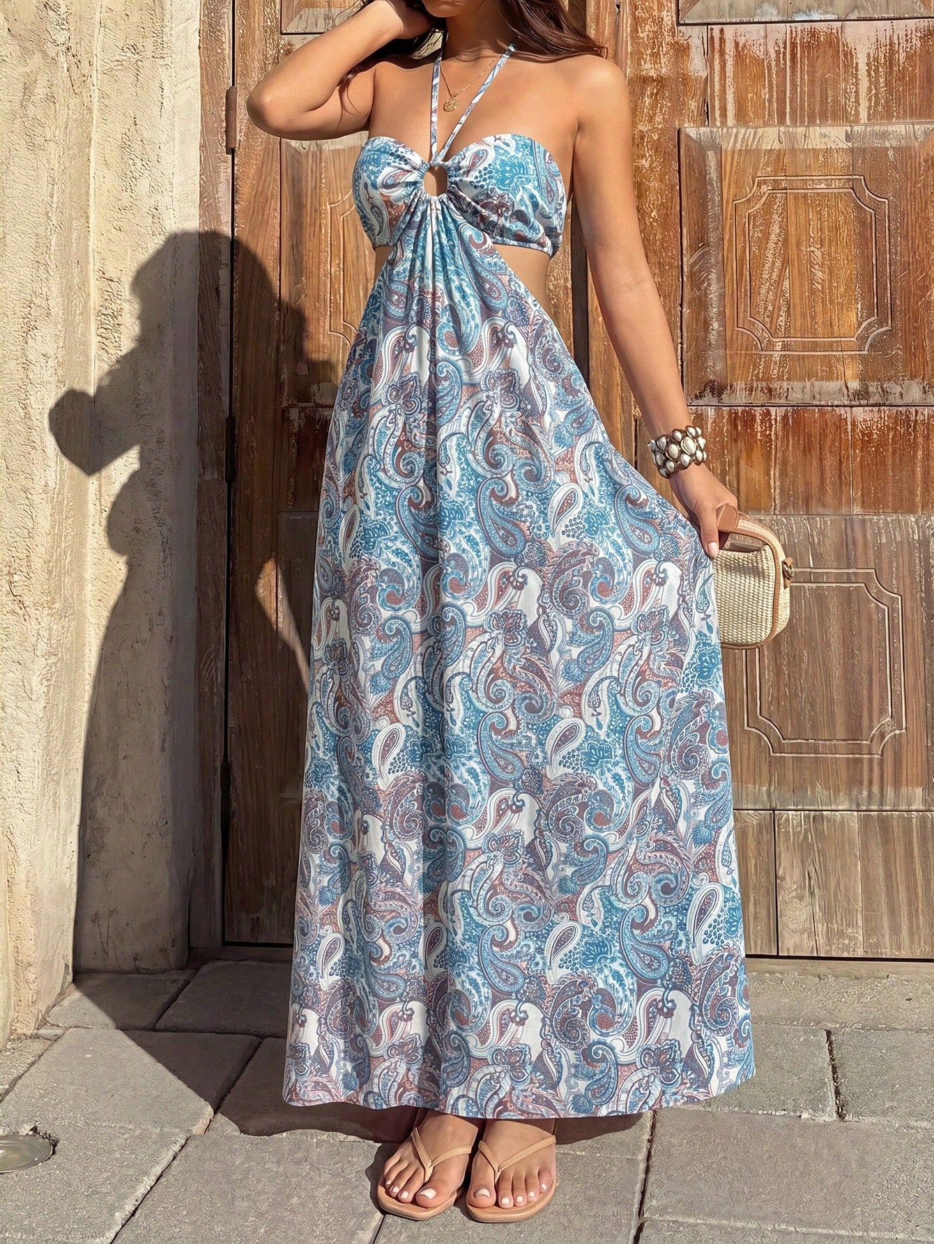 Sunnyshic Women's Peach Red Paisley Print Strapless Backless Tie Waist Bodycon Dress, Sexy European And American Beach Vacation Style