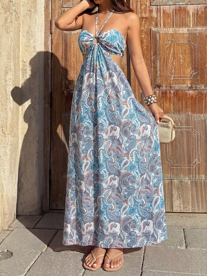 Sunnyshic Women's Peach Red Paisley Print Strapless Backless Tie Waist Bodycon Dress, Sexy European And American Beach Vacation Style