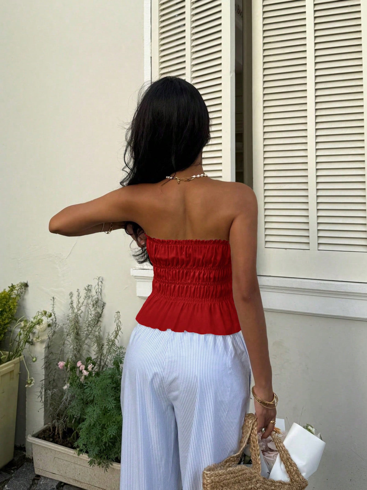 Sunnyshic Women's Solid Color Lace-Up Hollow Out Ruffle Hem Camisole Top Vacation Red Summer