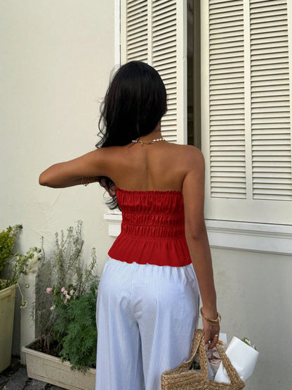 Sunnyshic Women's Solid Color Lace-Up Hollow Out Ruffle Hem Camisole Top Vacation Red Summer